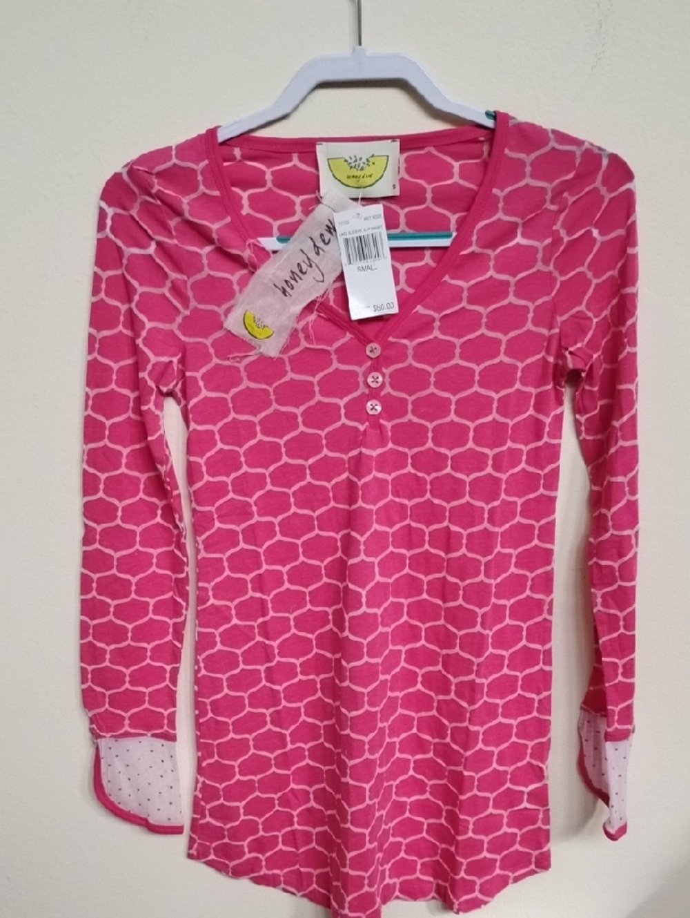 D- NWT Honeydew Intimates Hot Pink Geometric Henley Top